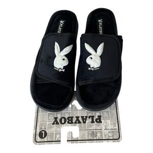 PLAYBOY Men’s Slip On Open Back Black Bunny Head Slide Slippers Memory Foam NEW